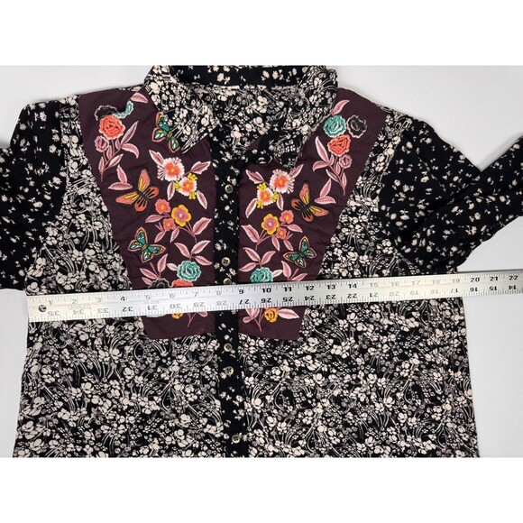 Anthropologie Blouse Medium Black Ivory Floral Embroidered Rayon Western Boho - Picture 7 of 13
